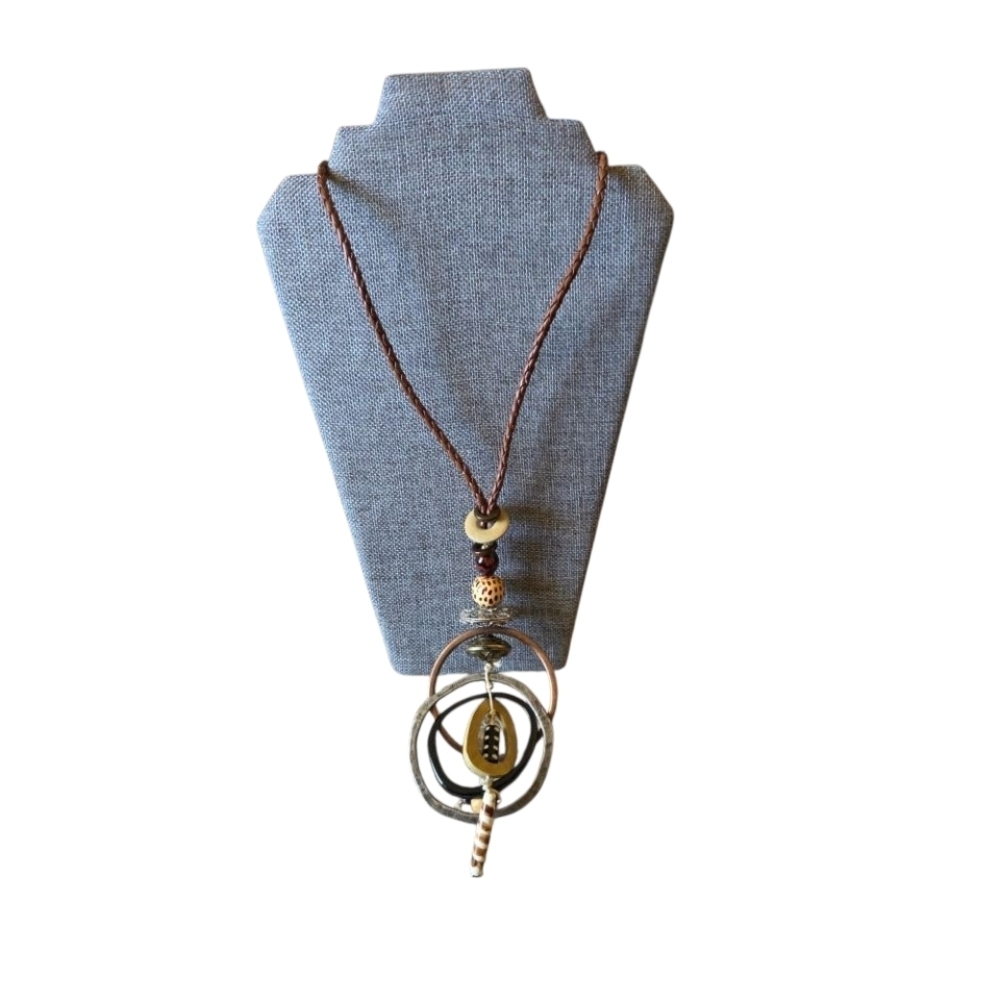 Treska Elegant Brown and Antique Gold Pendant Necklace On Faux Leather Cord